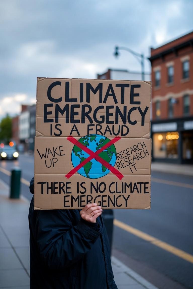 A hand-painted protest sign questioning climate emergency framing