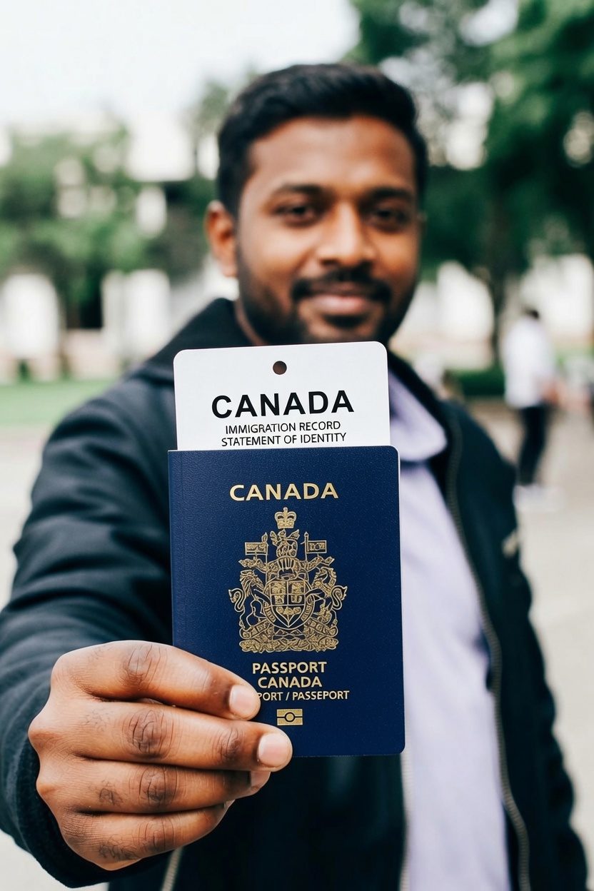 A man holding up a Canadian passport and immigration record card