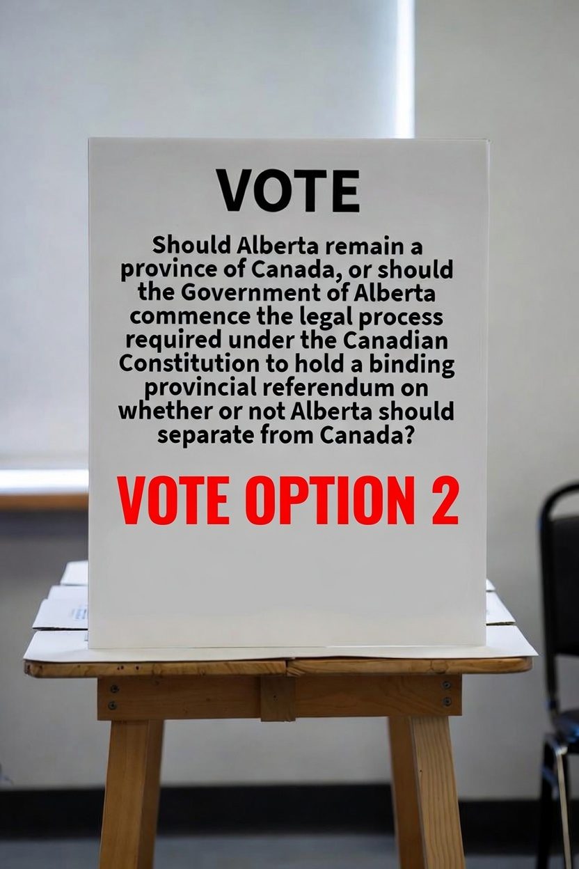A printed VOTE sign displaying the official referendum question text with a 'Vote Option 2' call to action, on an easel