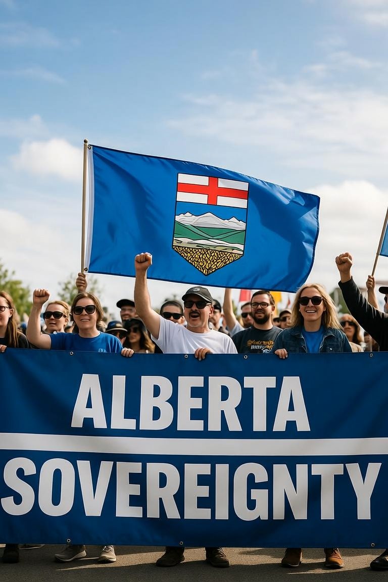A crowd waving an Alberta sovereignty flag at an outdoor rally